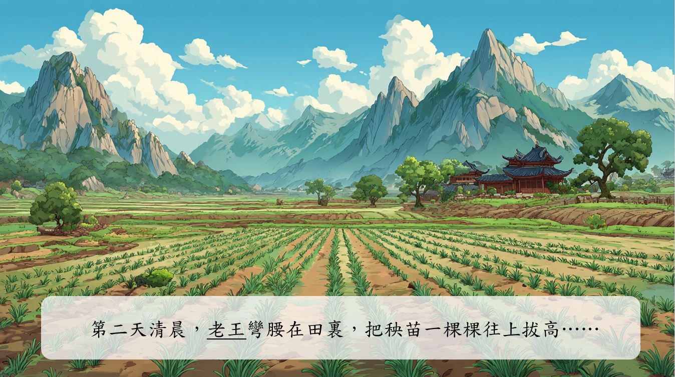 第二天清晨，天剛濛濛亮，老王就彎腰在田裏，小心翼翼地把秧苗一棵棵往上拔高。