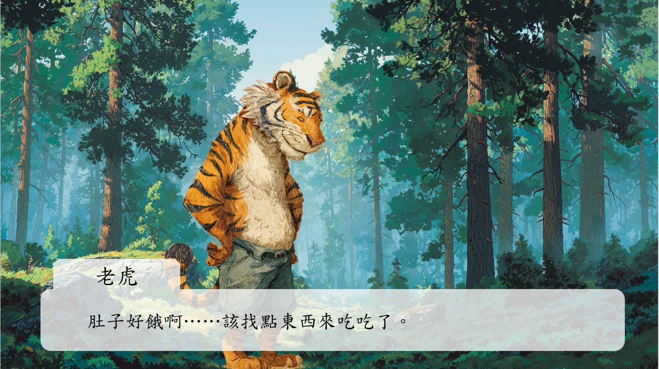 老虎伸展著強壯的身軀，金色的皮毛在樹影間閃爍