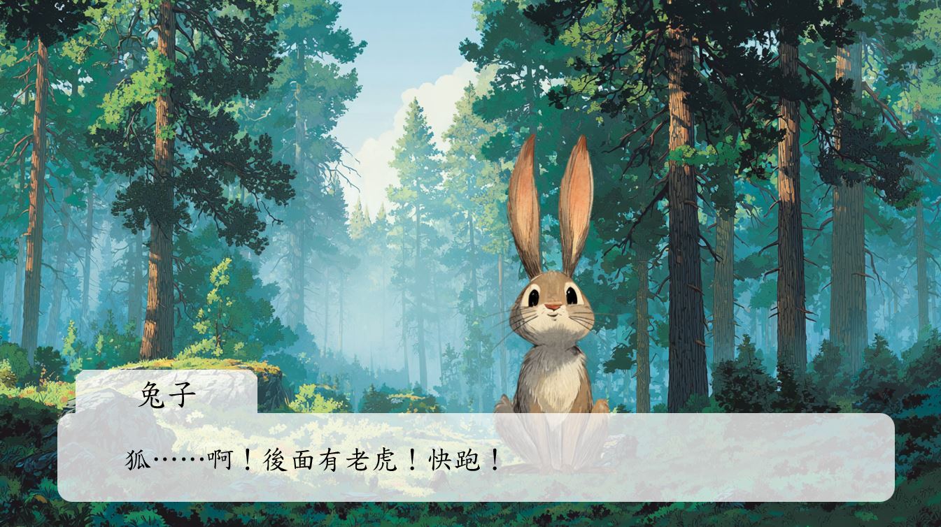 領頭的兔子正要打招呼，突然瞥見狐狸身後的龐然大物，眼睛頓時瞪得圓圓的