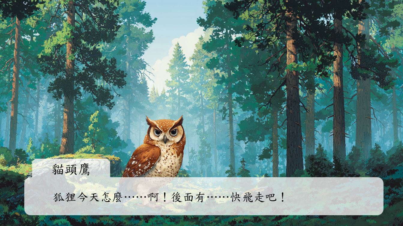 話還沒說完，貓頭鷹銳利的眼睛就捕捉到了狐狸身後的老虎。