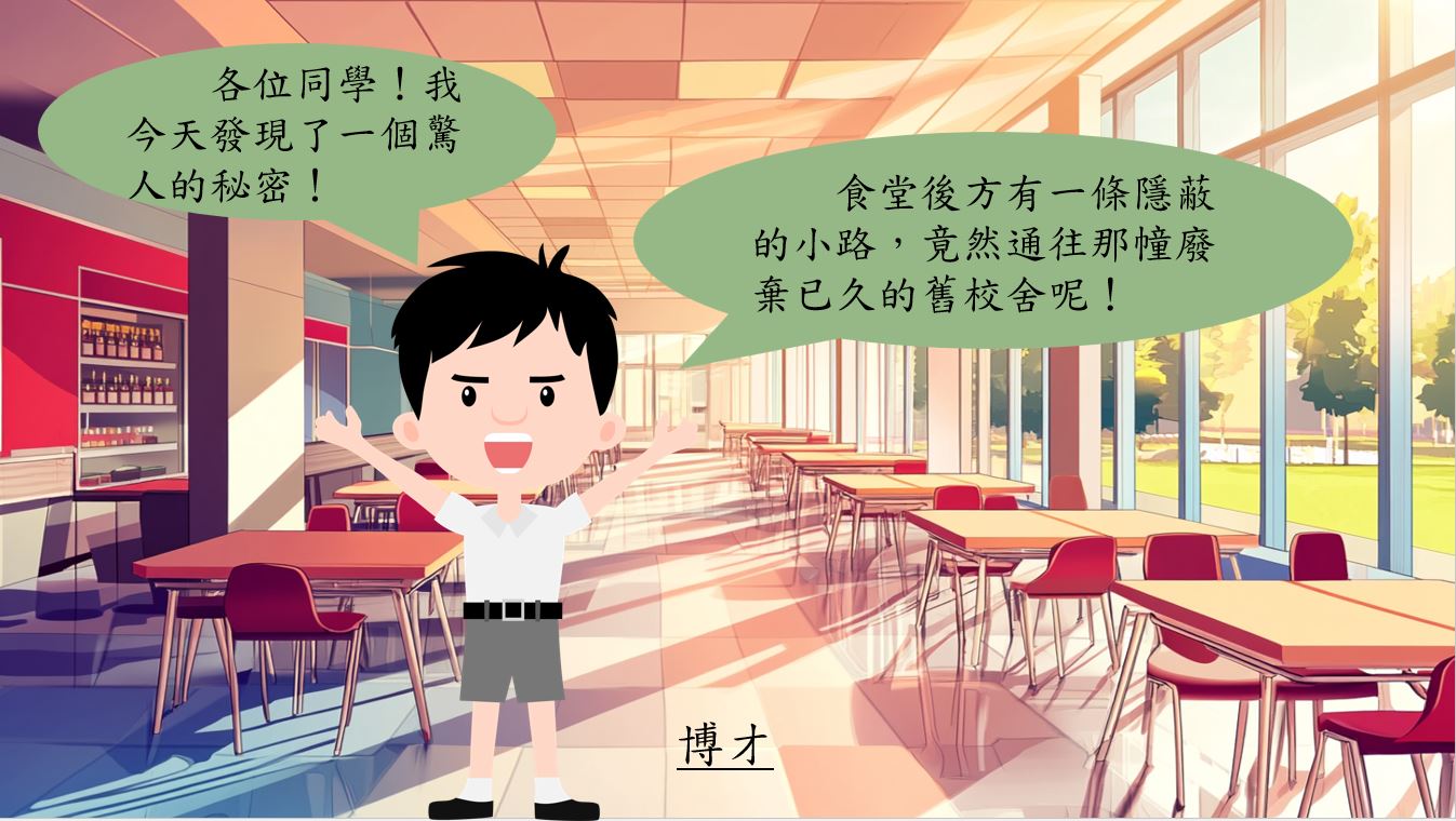各位同學!我今天發現了一個驚人的秘密!食堂後方有一條隱蔽的小路,竟然通往那幢廢棄已久的舊校舍呢!